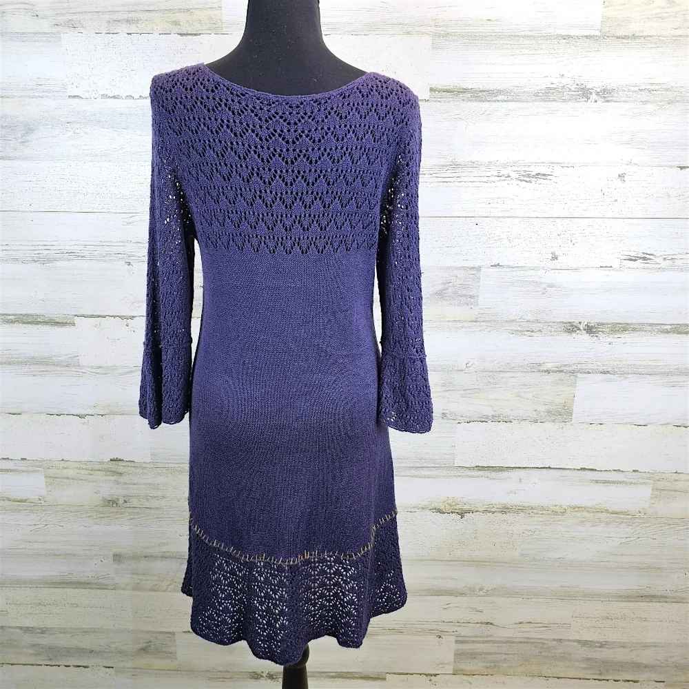 Free People Crochet Knit Flare Sleeve Mini Dress S Purple Boho Romantic Fairy